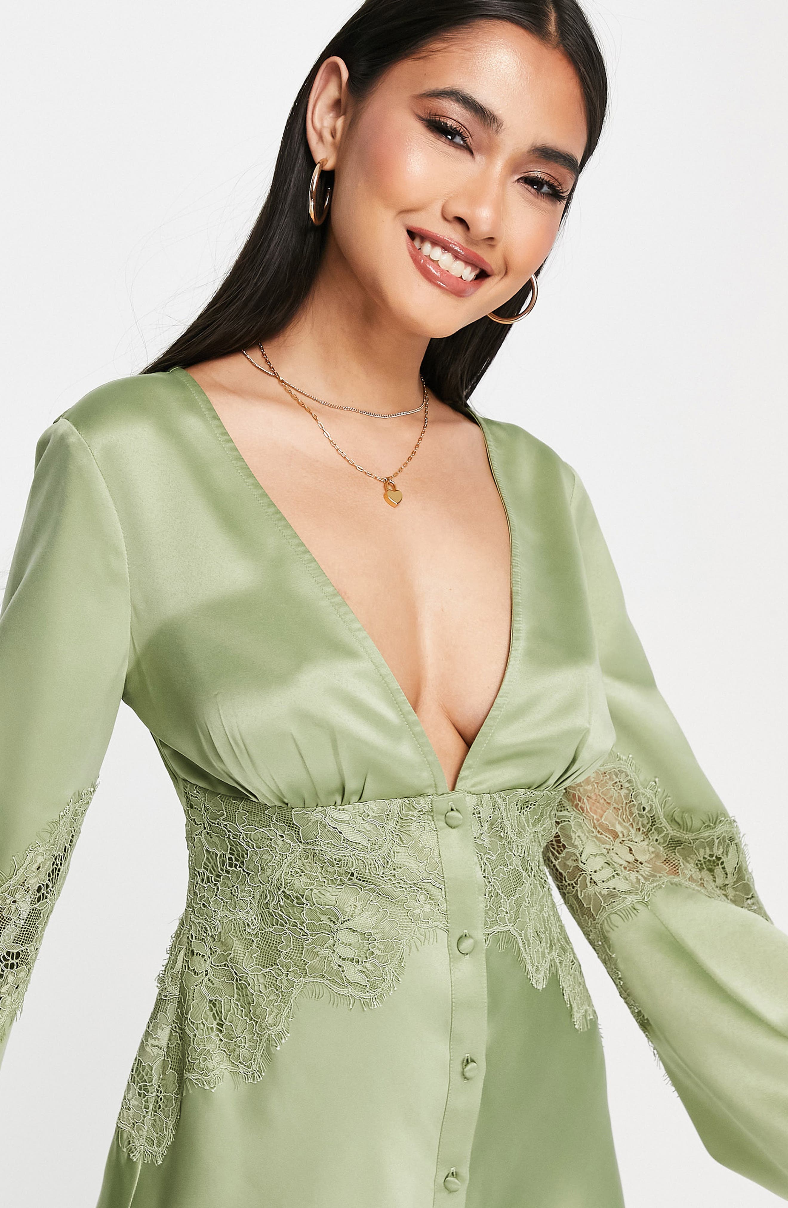 ASOS Design Lace Detail Long Sleeve Satin Minidress in Khaki