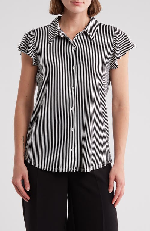 Shop Adrianna Papell Flutter Sleeve Button-up Shirt In Black/ivory Small Stripe