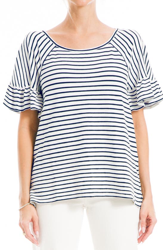 Max Studio Stripe Flutter Sleeve Top In White/ Navy Stripe