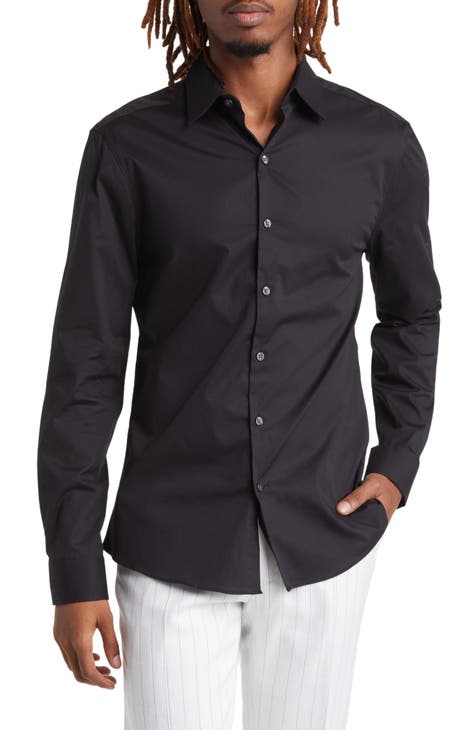Solid Black Stretch Button-Up Shirt