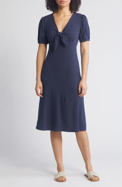 Shop Loveappella Polka Dot Puff Sleeve Midi Dress In Navy/white