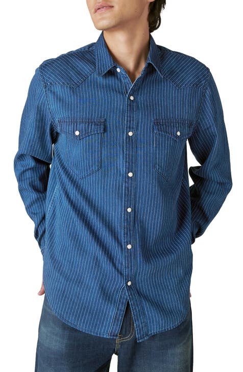 Lucky Brand Blue True Indigo Western Slim Fit Plaid Long Sleeve Shirt Men  Small 