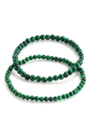 Sterling Forever Stone 2-pack Beaded Stretch Bracelets In Malachite
