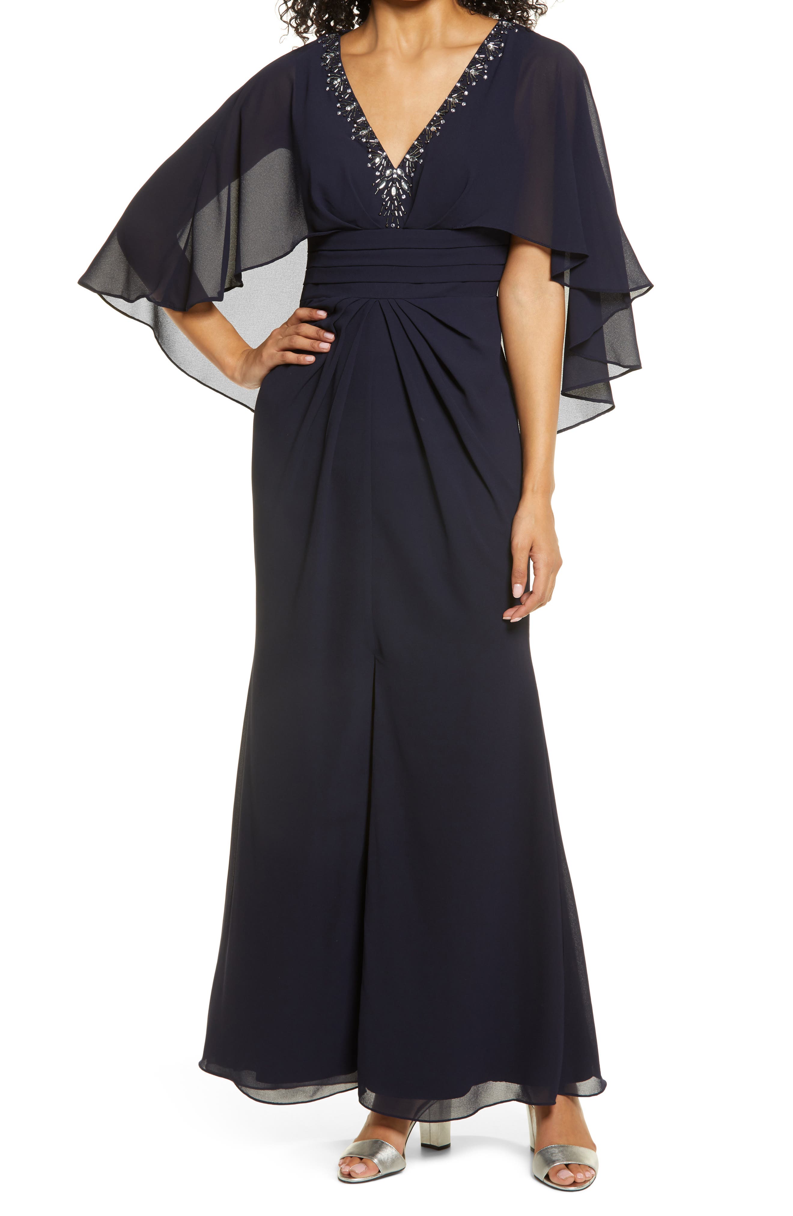 Shop Vince Camuto Beaded Neckline Capelet Gown In Navy