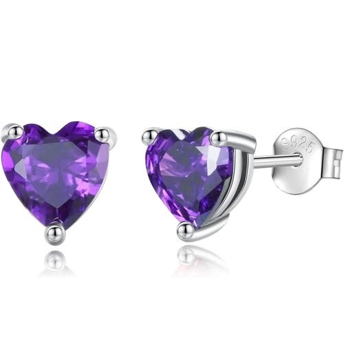Donatello Gian Solid Sterling Silver Created Gemstone Heart Stud Earrings In Purple Amethyst