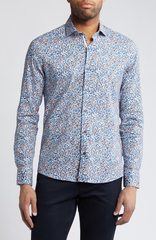 Orange Tree Print Stretch Button-Up Shirt in Light Blue