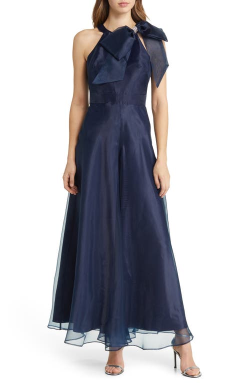 Bow Detail One-Shoulder Taffeta Jumpsuit in Navy