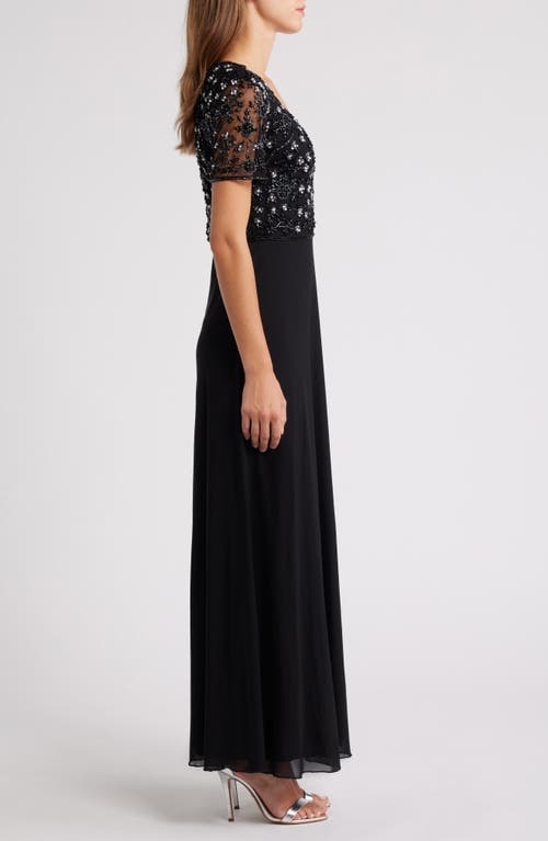 Pisarro Nights Beaded Bodice Short Sleeve Gown In Black