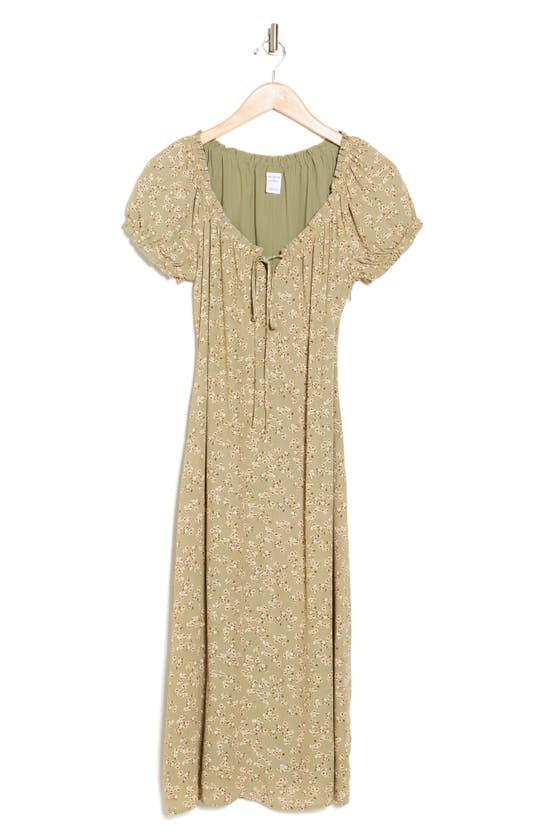 Melrose And Market Floral Tie Keyhole Puff Sleeve Midi Dress In Olive Acorn Carolyn Floral