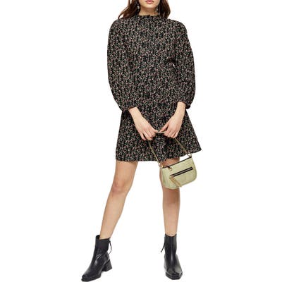Petite Topshop Floral Long Sleeve Minidress, US (fits like 00P) - Black