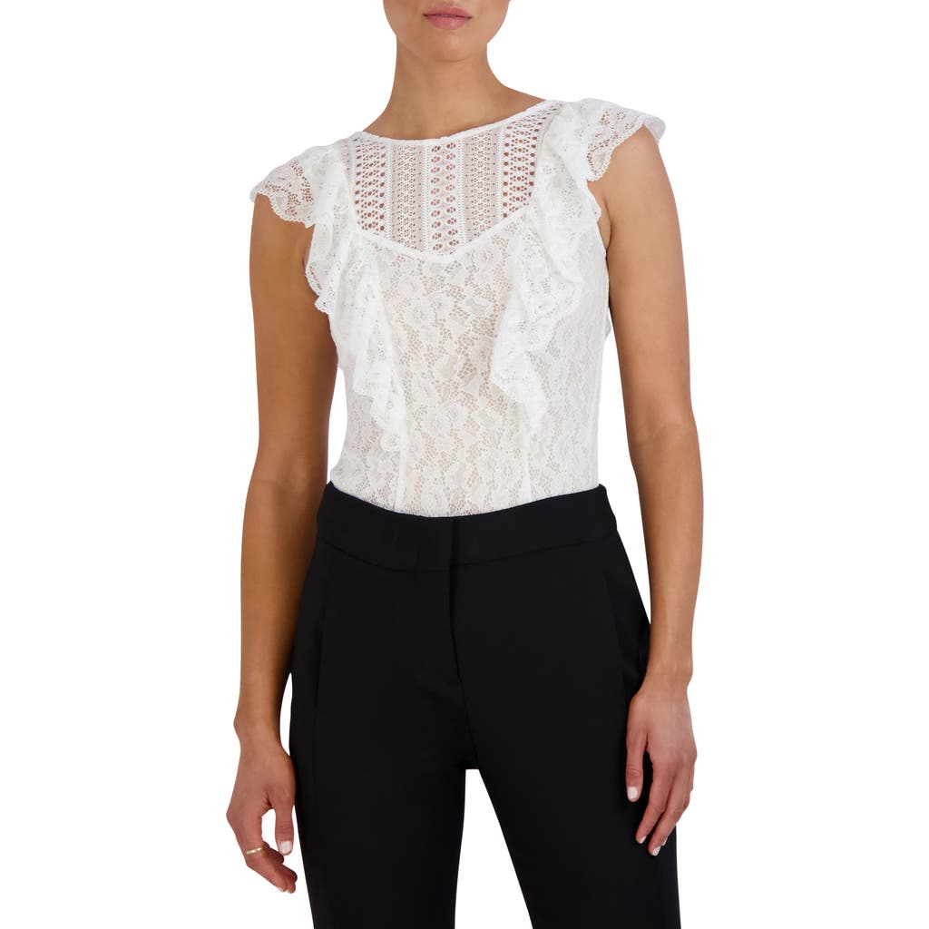 Shop Bcbgmaxazria Lace Yoke Knit Bodysuit In Off White
