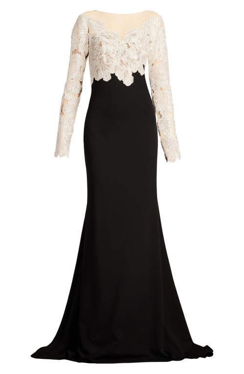 Tadashi Shoji Floral-embroidered Crepe Trumpet Gown In Ivory/black