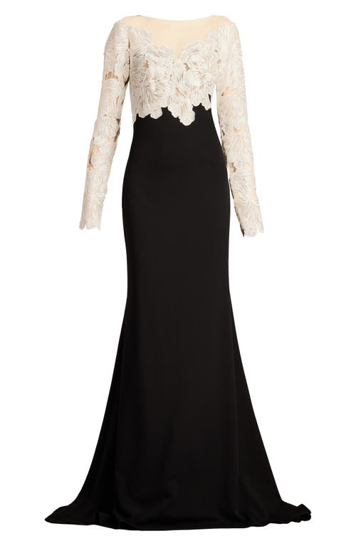 Shop Tadashi Shoji Floral Lace Bodice Mixed Media Long Sleeve Gown In Ivory/black