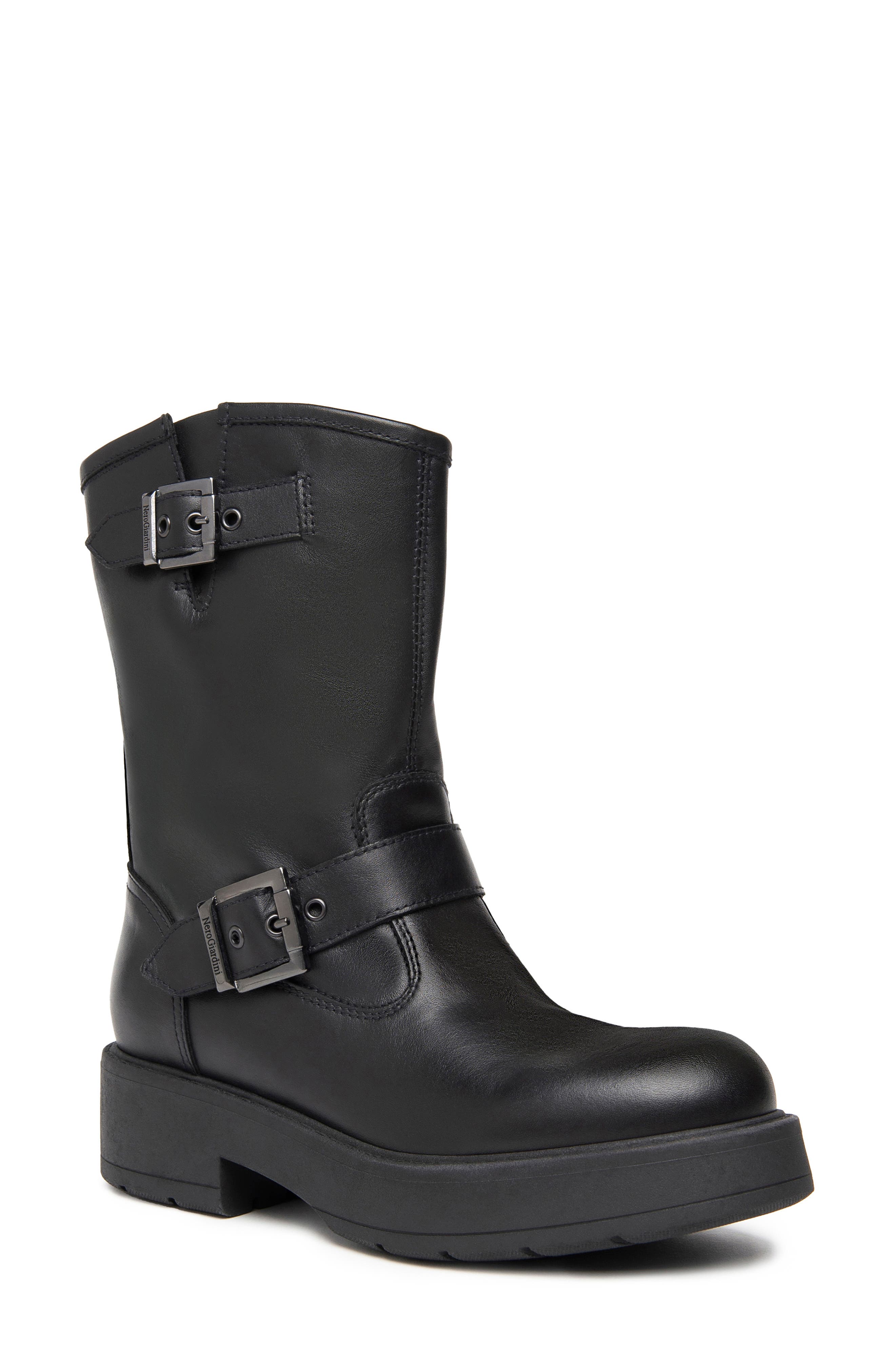 NeroGiardini Double Buckle Moto Bootie in Black 