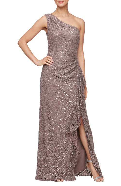 One-Shoulder Sequin Lace A-Line Gown in Mocha