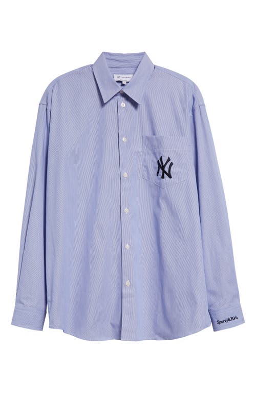 Shop Sporty And Rich Sporty & Rich Yankees Serif Cotton Oversize Button-up Shirt In White/light Blue Stripe