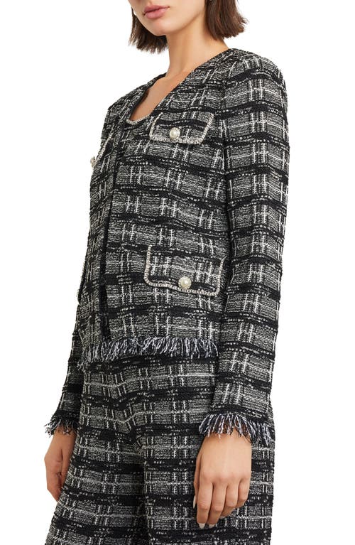 Shop Misook Rhinestone Accent Fringed Tweed Jacket In Black/new Ivory