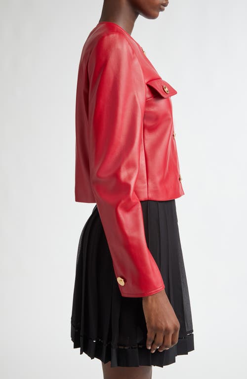 Shop Versace Pocket Detail Leather Crop Jacket In Lipstick Red