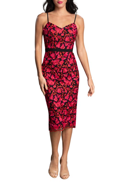 Dress the Population Emma Embroidered Body-Con Midi Dress in Fuchsia Multi at Nordstrom, Size X-Small