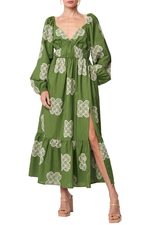 Serbita Medallion Embroidery Long Sleeve Cotton & Linen Midi Dress in Green