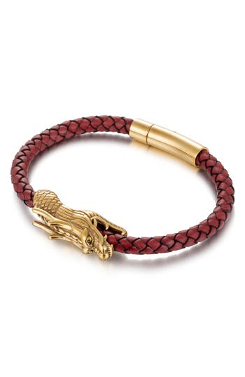 Eye Candy Los Angeles Lionel Dragon Braided Leather Bracelet In Gold/burgundy