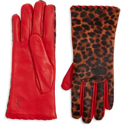 Polo Ralph Lauren Leopard Print Genuine Calf Hair Gloves, Red