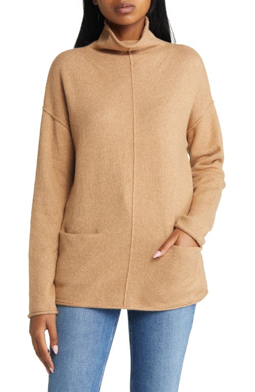 caslon(r) Pocket Funnel Neck Cotton Blend Sweater in Tan Camel Dark Heather