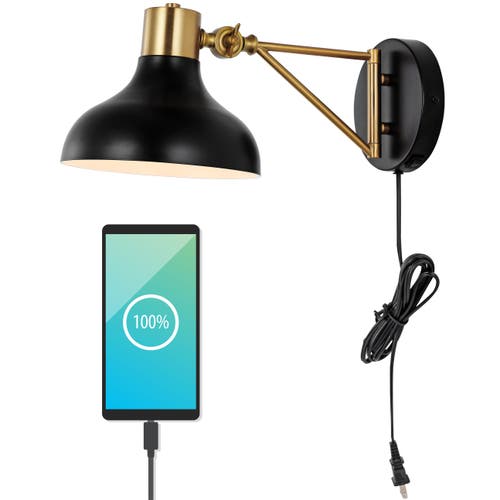 Jonathan Y Lynn Swing Arm 1-light Modern Midcentury Iron Usb Charging Port Led Sconce In Black