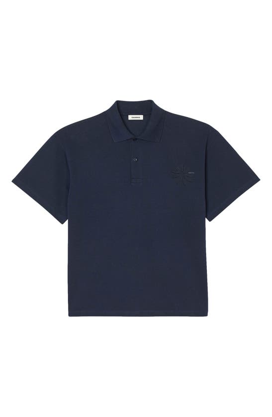 Shop Sandro Easy Glossy Flower Cotton Graphic Polo In Navy Blue