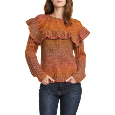 Loveshackfancy Yumi Ruffle Detail Alpaca & Merino Wool Blend Sweater, Brown