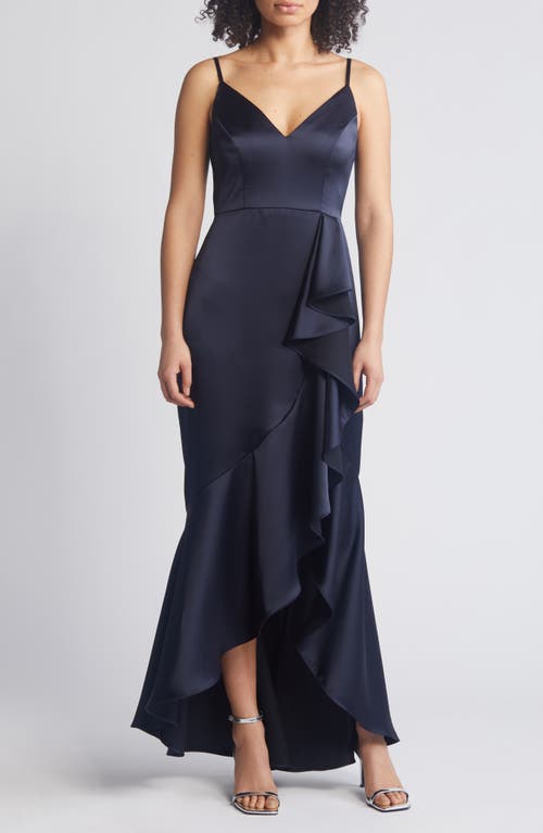 Xscape Evenings Side Ruffle Satin Midi Dress Navy at Nordstrom,