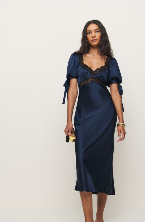 Shop Reformation X Kacey Musgraves Stella Lace Trim Silk Midi Dress In Navy