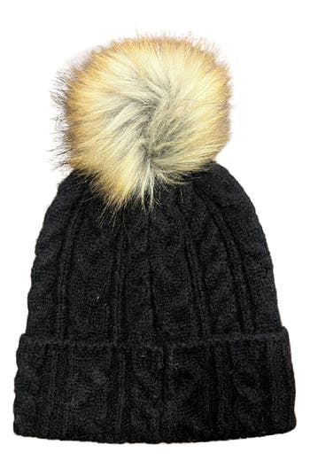 Marcus Adler Faux Fur Pom Cable Knit Beanie In Black
