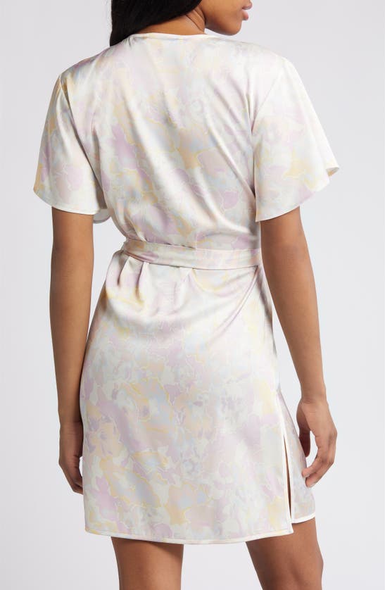 Shop Open Edit Tie Waist Short Satin Robe In Ivory Egret Sky Floral
