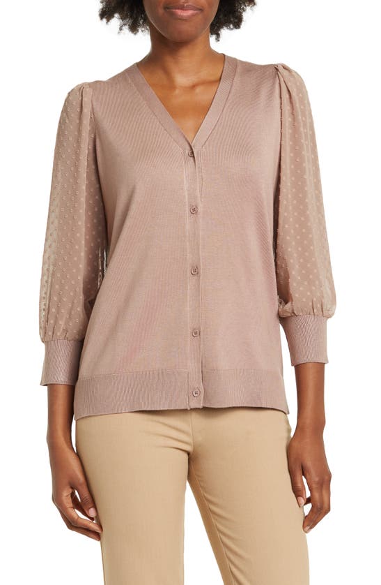 Adrianna Papell V-neck Swiss Dot Sleeved Cardigan In Cocoa