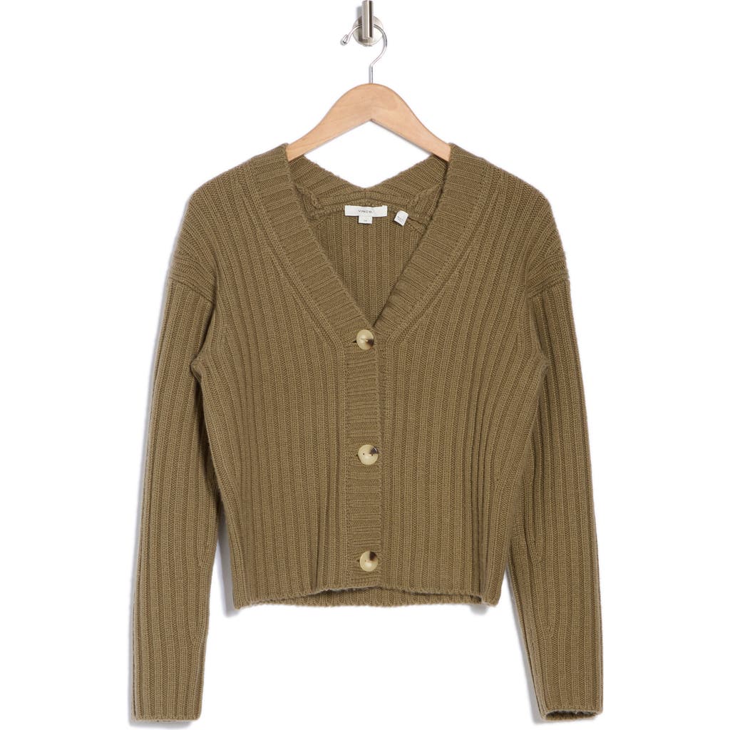 Vince Ribbed Wool And Cashmere-blend Cardigan In Artichoke