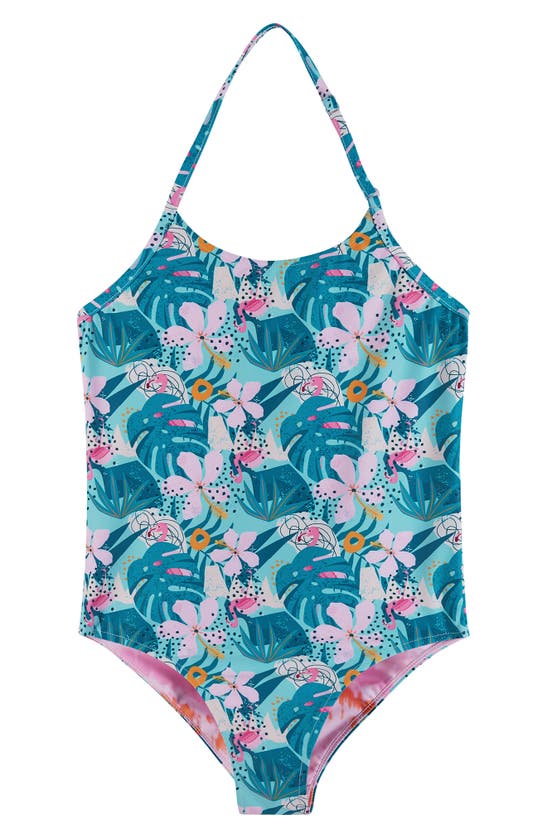 Andy & Evan Kids' Halter Reversible One-piece Swimsuit In Aqua Floral