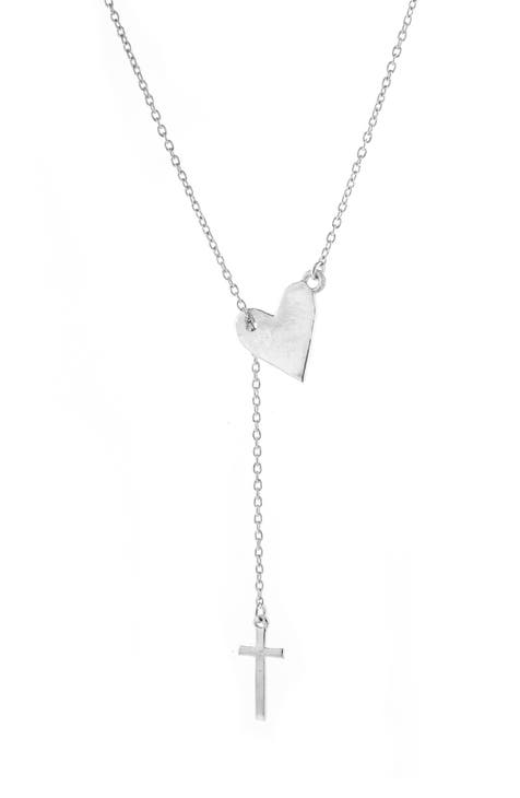 White Rhodium Plated Heart & Cross Lariat Necklace