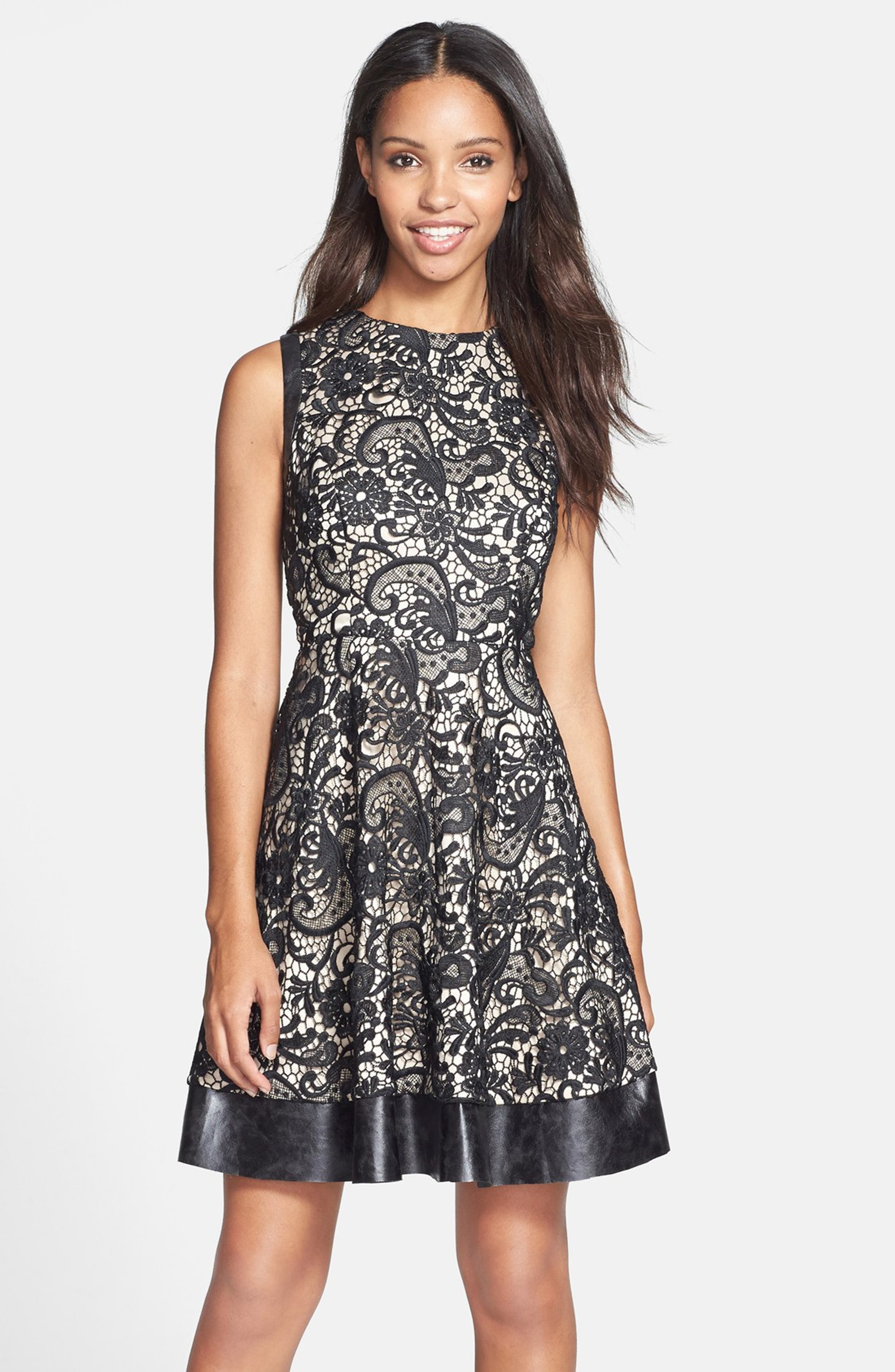Jessica Simpson Faux Leather Trim Fit & Flare Dress | Nordstrom