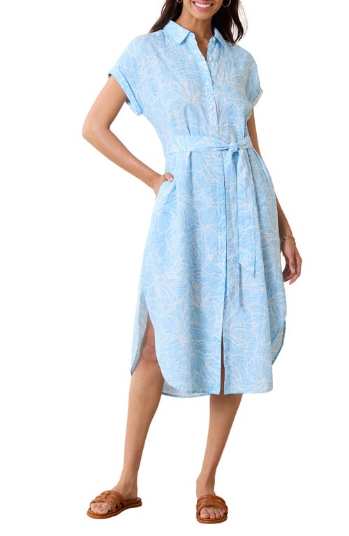Tommy Bahama High Tide Hibiscus Print Linen Midi Shirtdress In Glass Bead Blue