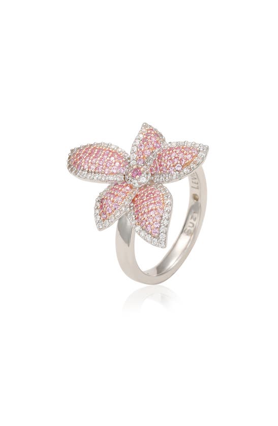 Suzy Levian Pink Sapphire & White Sapphire Flower Ring In Pink