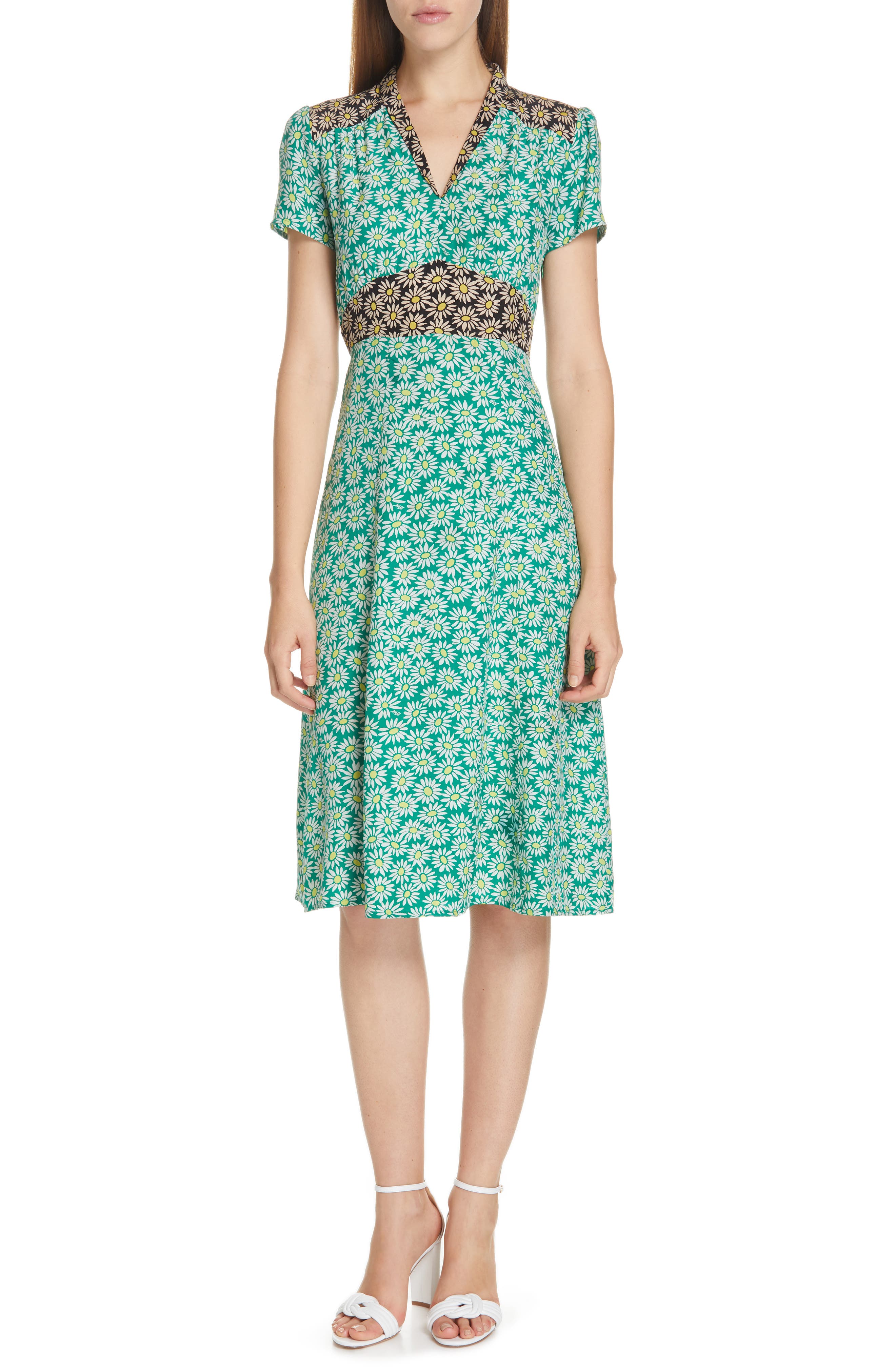 Hvn Morgan Bicolor Daisy Print Silk Dress, Green