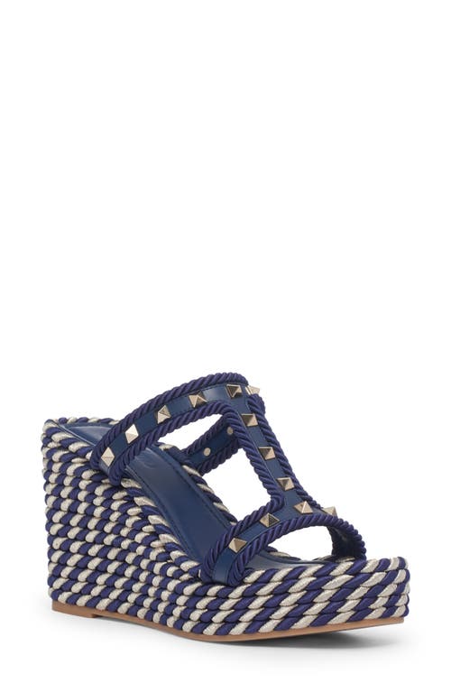 Valentino Garavani Rockstud Wedge Espadrille Sandal In Blue/white