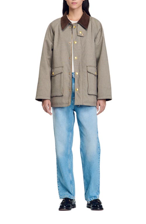 Sandro Check Coat With Velvet Collar In Brown