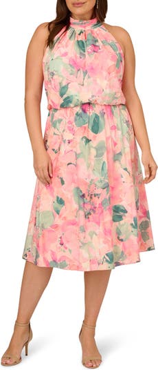 Floral Mock Neck Chiffon Cocktail Midi Dress