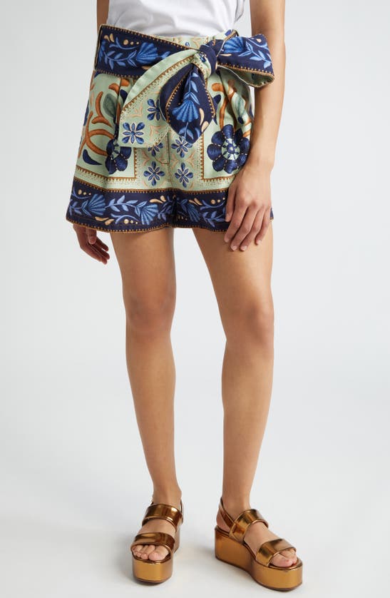Farm Rio Ocean Tapestry Tie Front Cotton Shorts In Ocean Tapestry Green