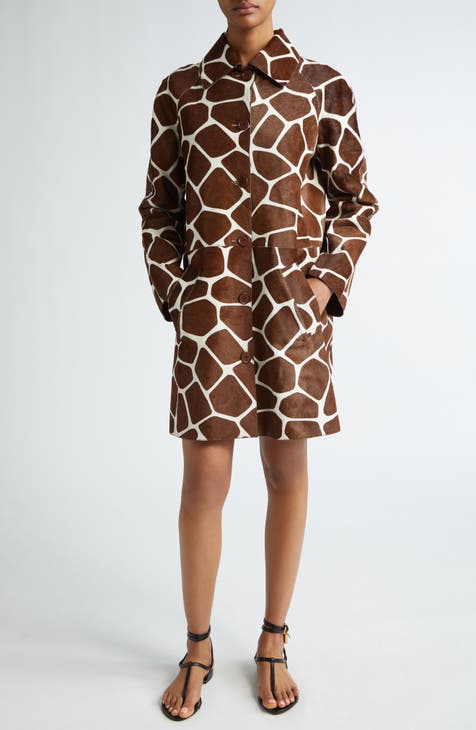 Giraffe Print Genuine Calf Hair Balmacaan Coat