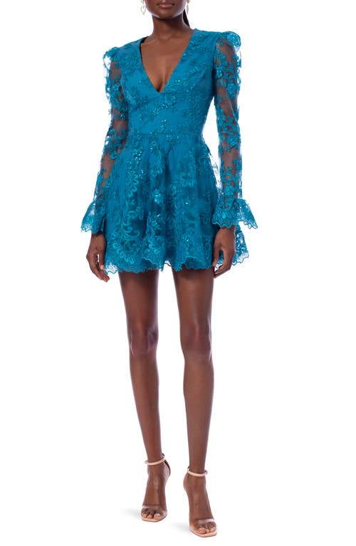 Lily Sequin & Lace Long Sleeve Minidress in Teal