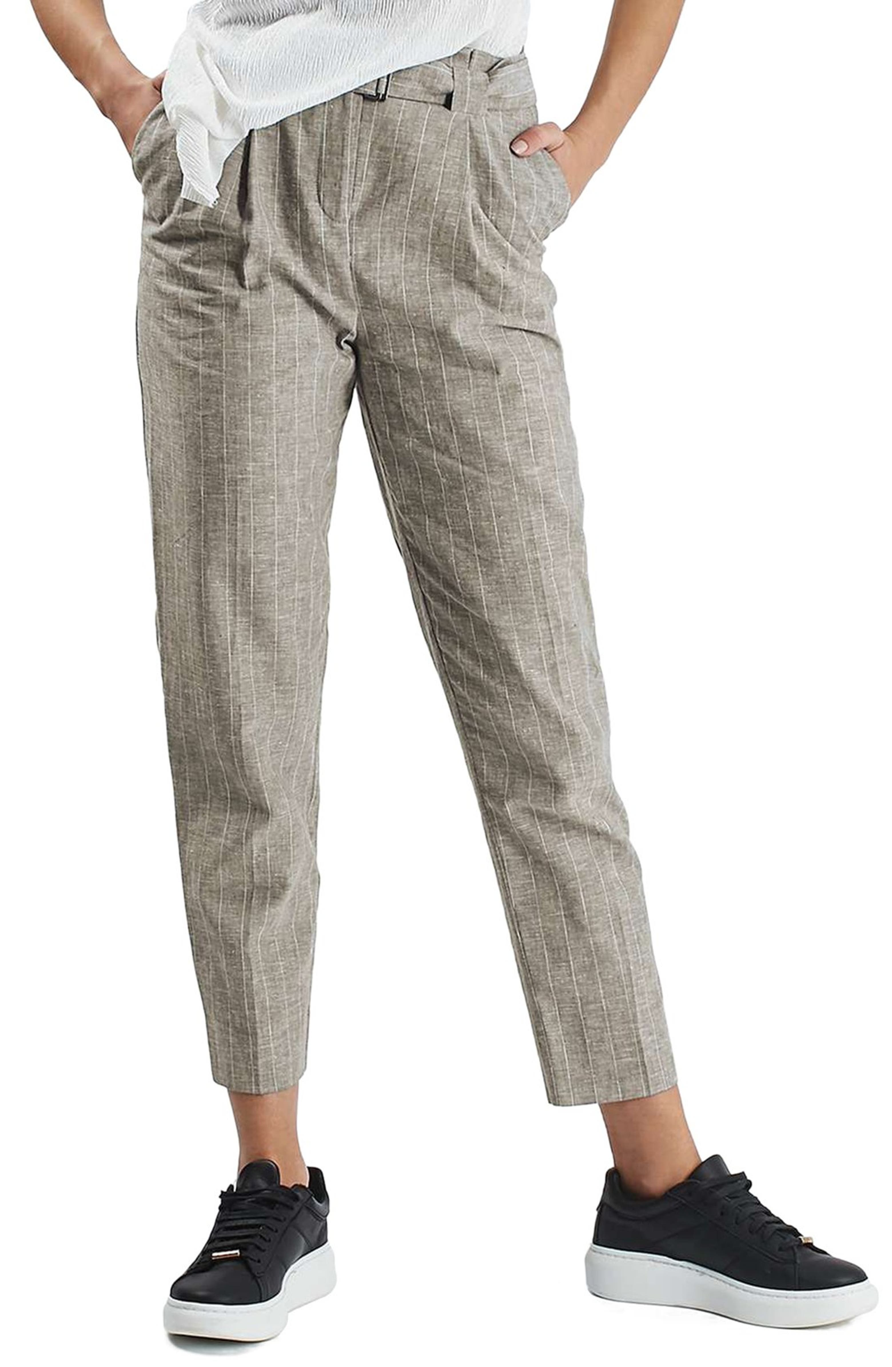 Topshop Belted Pinstripe Linen & Cotton Peg Trousers | Nordstrom