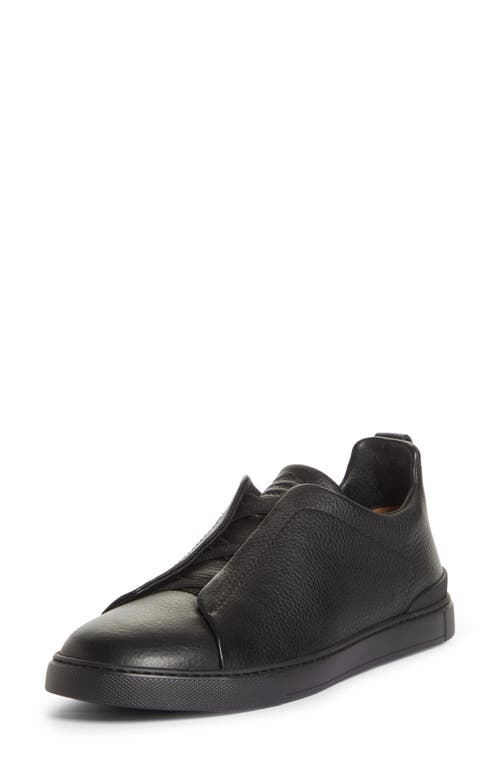 Triple Stitch Deerskin Leather Slip-On Sneaker in Black